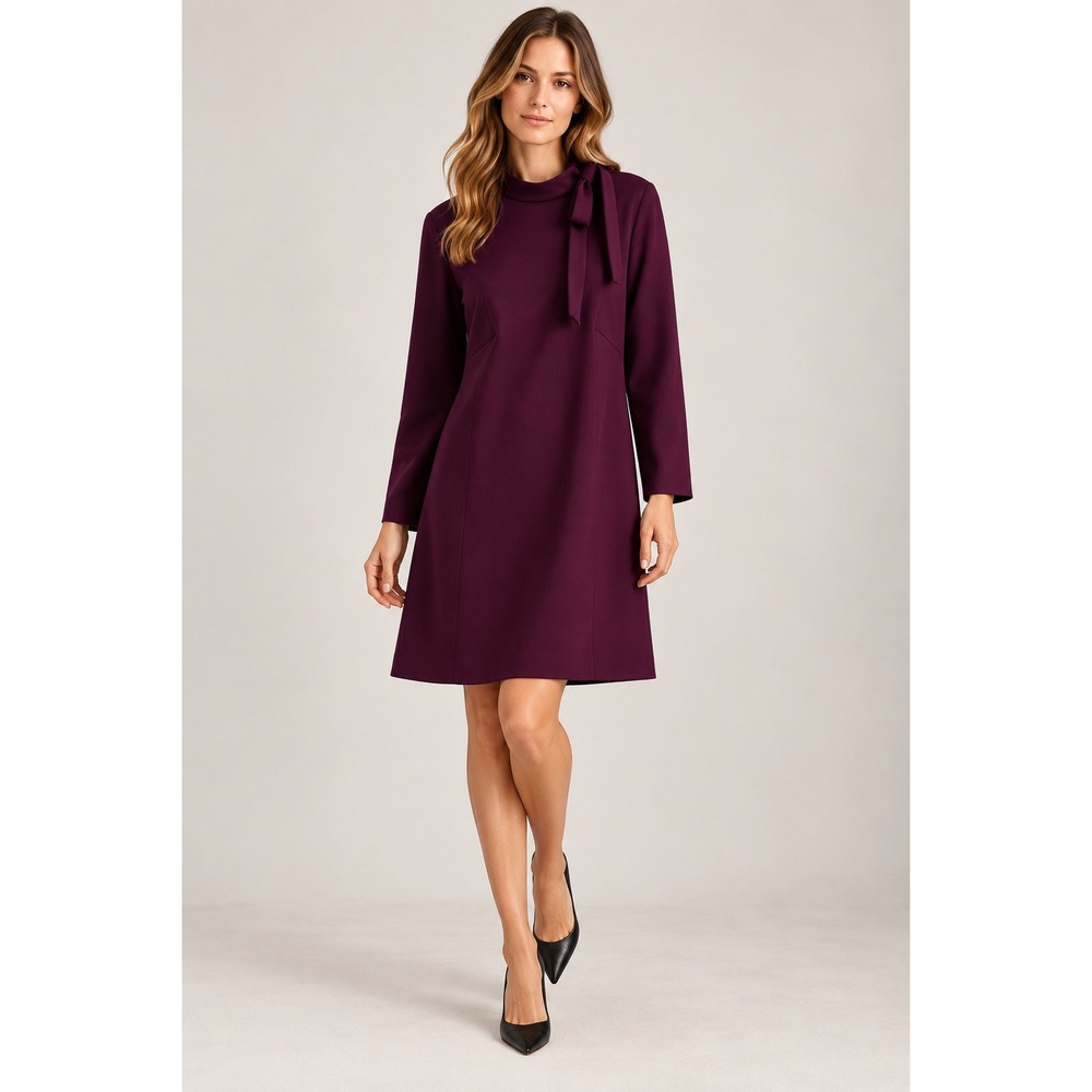 Calvin Klein Shift Dress Womens 16 Plum Purple Excellent Bow Mock Neck Crepe